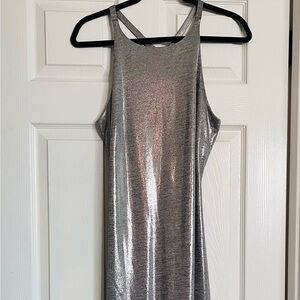 NWOT White House Black Market liquid silver dress.  Body con.  T back, size med